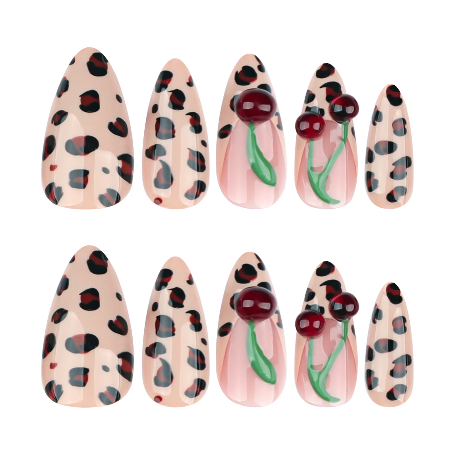 Winter Leopard Print Wearable Nail, Three-dimensional Cherry Nail Art, French Wearable Nail Piece