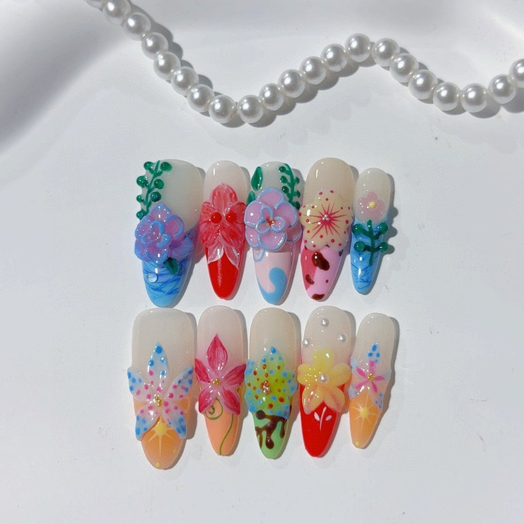 100% Handmade Press On Nail Art Clear Flower Carving Gradient French Ice Transparent High-end