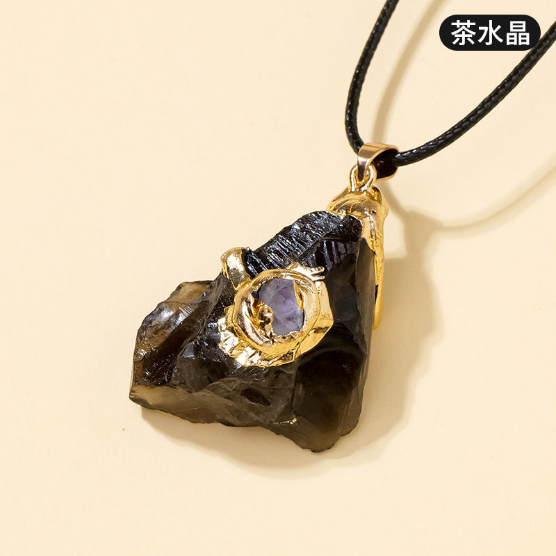 Natural Crystal Gemstone Gilded Inlaid Pendant, Crystal Gemstone Jewelry Necklace