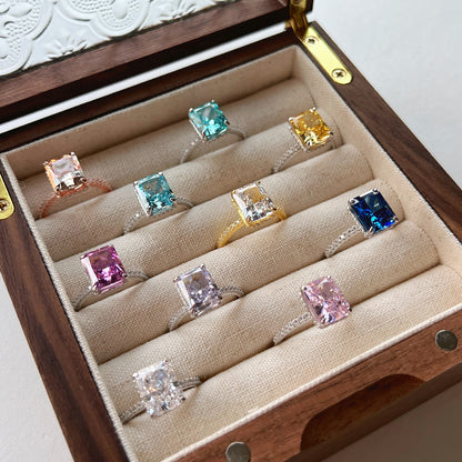 S925 Silver French Ultra-shiny Square Diamond 8A Ice Flower Cut Zircon Ring