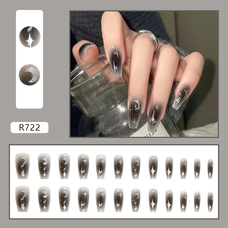 Black Style Girl Wearing Armor, Silver Moon and Star Nail Art, Medium Length Ballet Armor