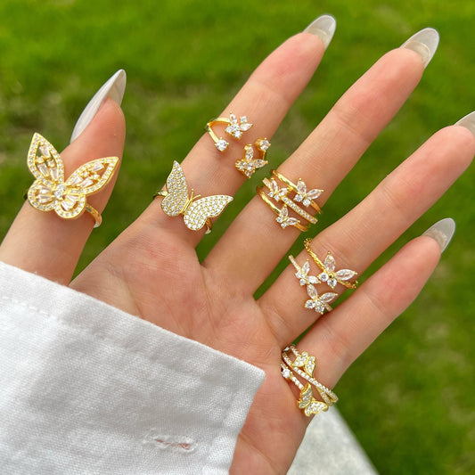 S925 Sterling Silver Ring, Women's Gold Butterfly Zircon Light Luxury High-end Ring