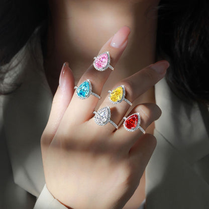 S925 Sterling Silver 8 * 12 Droplet Shaped High Carbon Diamond Ring with A Luxurious and Luxurious Feel, Featuring Fireworks and Ice Flower Cut 8A Zircon Silver Ring