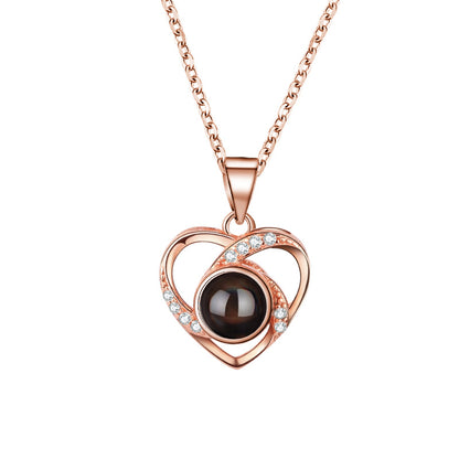 925 Silver Heart-shaped Projection Necklace, Female Heart Shape, 100 Languages. I Love You, Collarbone Chain