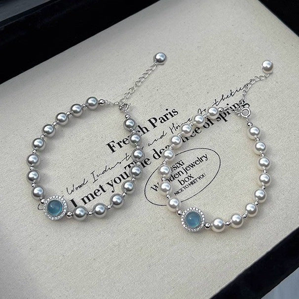 925 Sterling Silver Aquamarine Faux Pearl Bracelet, Women's Exquisite Bracelet Accessory