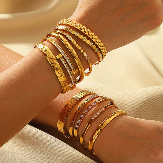 Zircon Bracelet with Roman Numerals, Diamond Pattern, Five-pointed Star, Stainless Steel Plated with Real Gold Jewelry