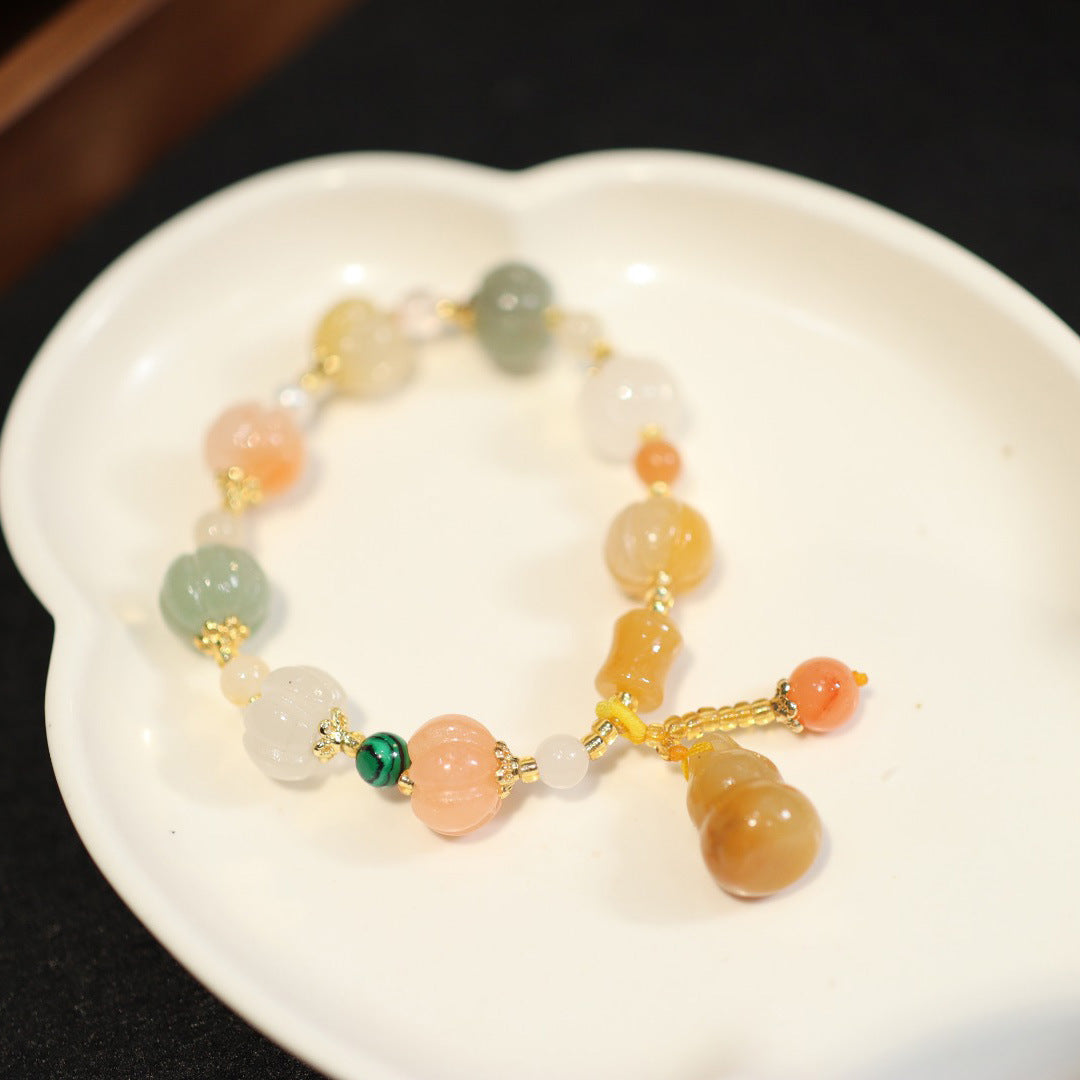 Pulsera de jade de seda dorada natural de Xinjiang, estilo étnico, con nudo de bambú y cuentas de calabaza, pulsera de jade amarillo colgante