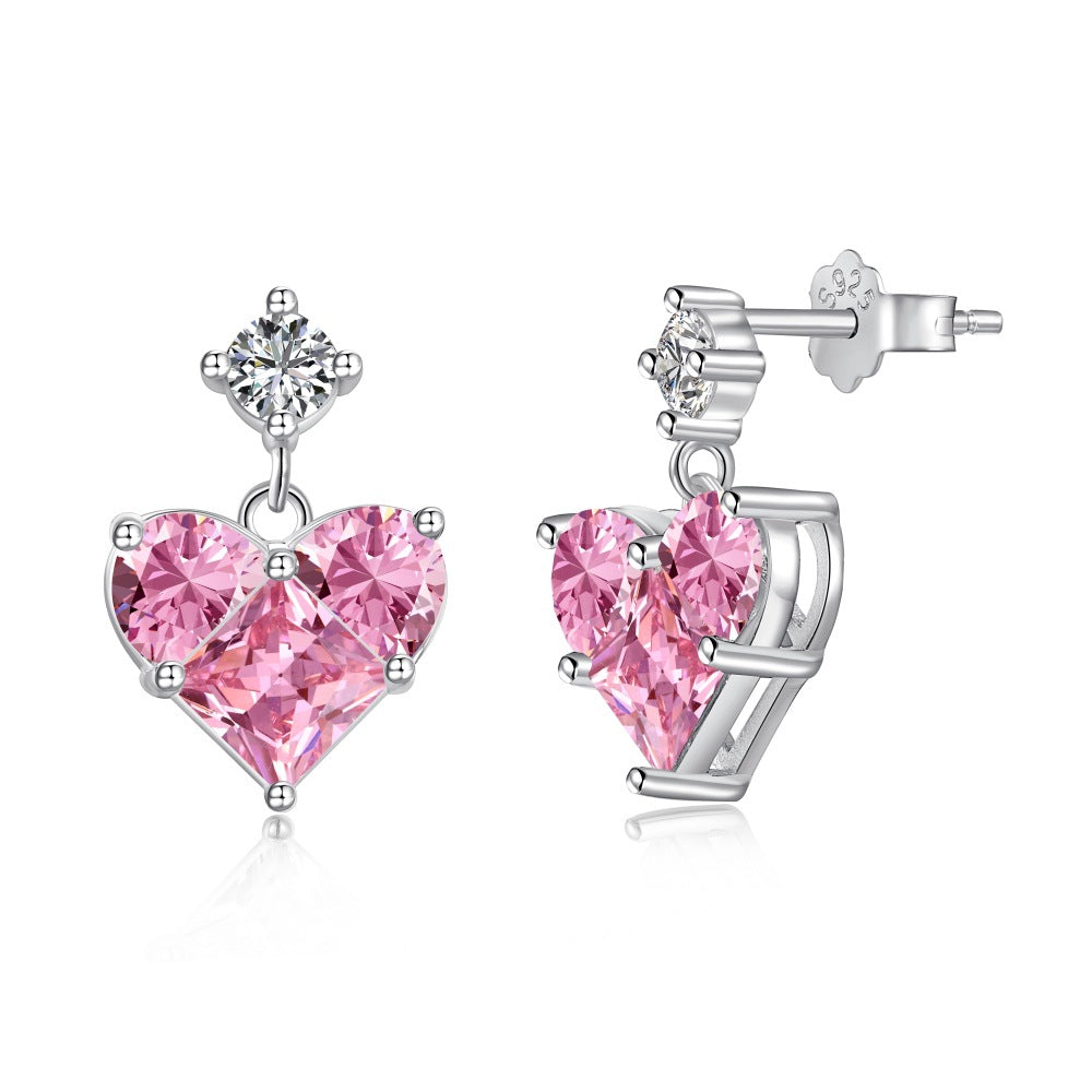 S925 Silver Pink Heart-shaped Zircon Jewelry Necklace Earrings