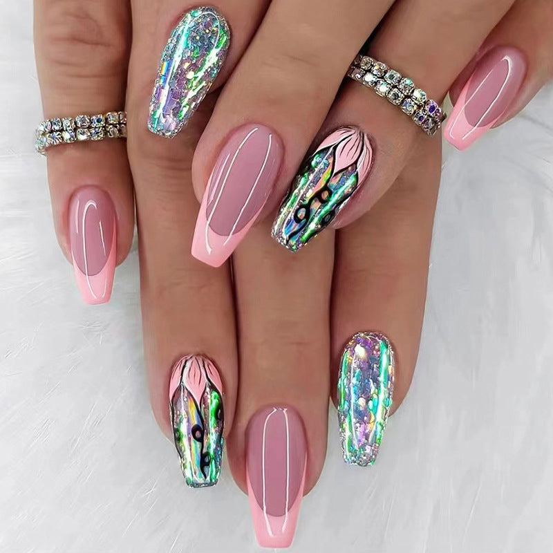 Medium To Long Style Sparkling Nail Art with Pink and Delicate Flowers, Sweet and Charming, Perfect for Teenage Girls To Wear