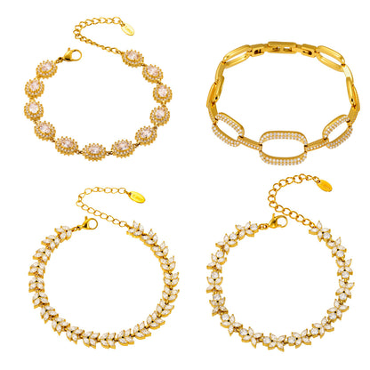 Stainless Steel 5A Zircon Four Leaf Flower Full Diamond Bracelet, New Chinese Style Bracelet Combination