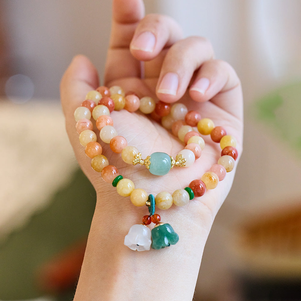 Pulsera de jade de seda dorada natural de Xinjiang, estilo étnico, con nudo de bambú y cuentas de calabaza, pulsera de jade amarillo colgante