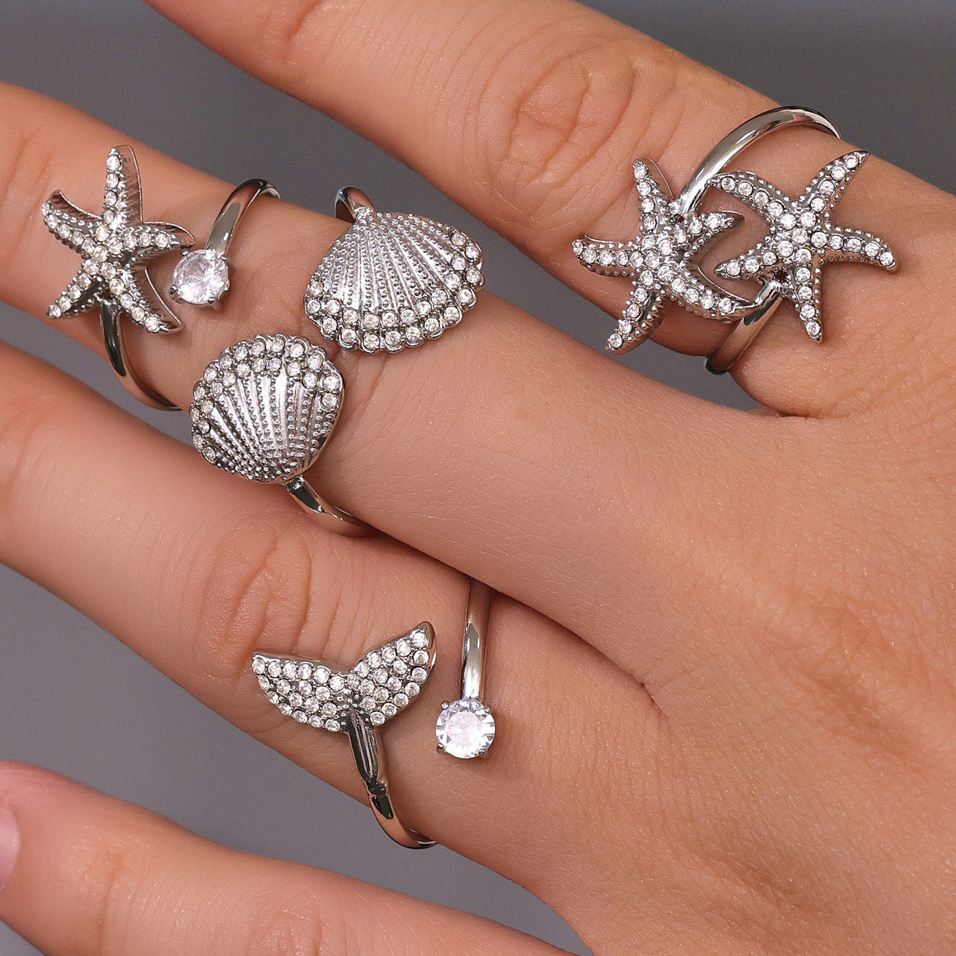 18K Gold Starfish Shell Zircon Open Index Finger Ring Summer Ocean Wind Stainless Steel