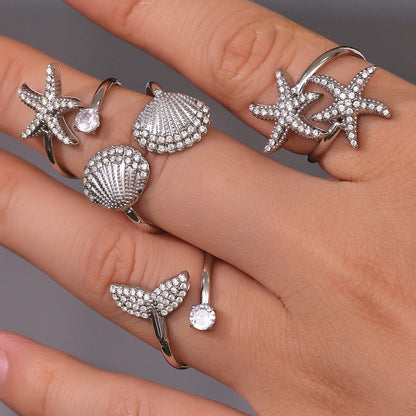 18K Gold Starfish Shell Zircon Open Index Finger Ring Summer Ocean Wind Stainless Steel