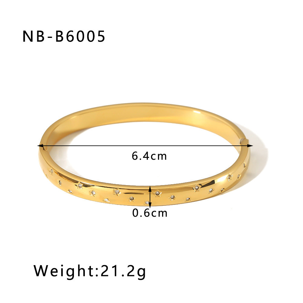 Zircon Bracelet with Roman Numerals, Diamond Pattern, Five-pointed Star, Stainless Steel Plated with Real Gold Jewelry