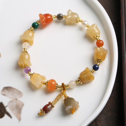 Natural Xinjiang Golden Silk Jade Bracelet Couple Style Ethnic Style Pumpkin Beads Bamboo Knot Hanging Gourd Yellow Jade Bracelet