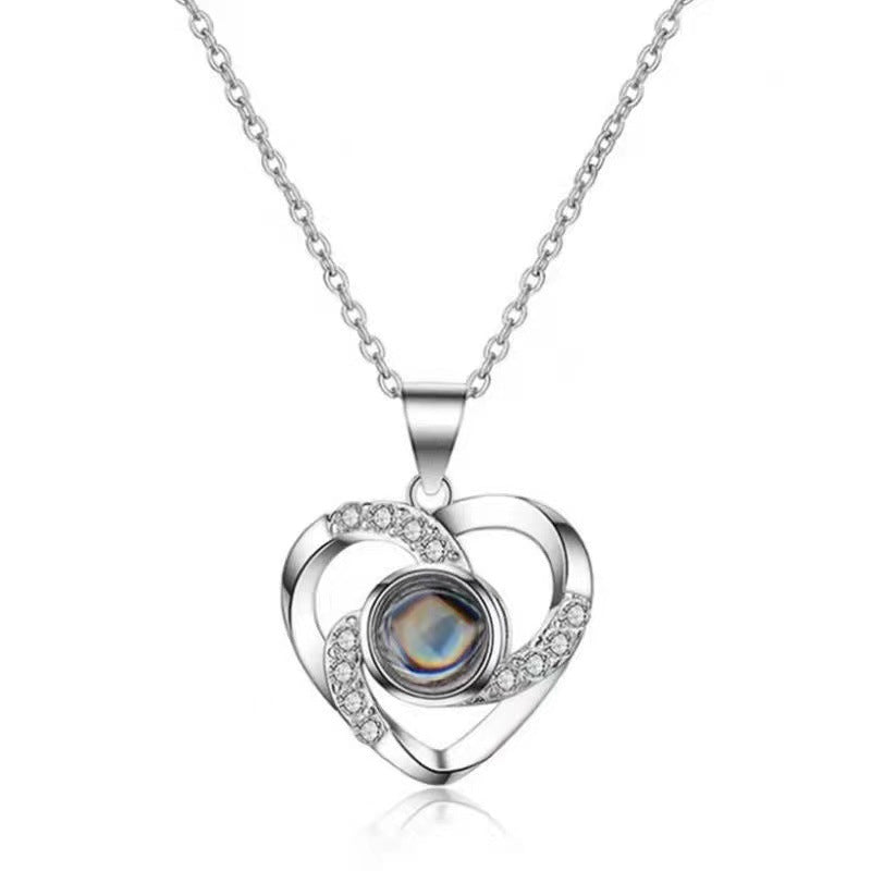 925 Silver Heart-shaped Projection Necklace, Female Heart Shape, 100 Languages. I Love You, Collarbone Chain