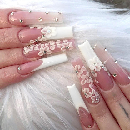 Long Ballet Nail Diamond Nail White Long French Fake Nail Sweet Wearing Nail