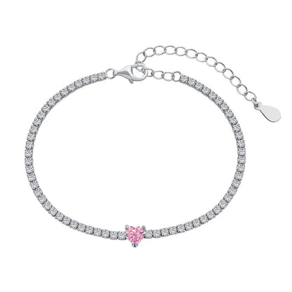 S925 Sterling Silver Bracelet for Women, Pink Heart-shaped Zircon Row Diamond