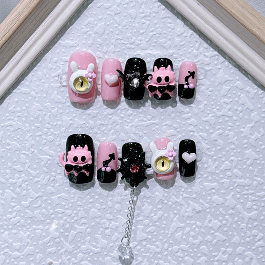 Hand Drawn Wearable Press On Nail, Cute Detachable Fake Nail Art