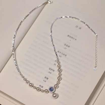 Aquamarine Hight-Quality Artificial Pearl S925 Sterling Silver Necklace for Women