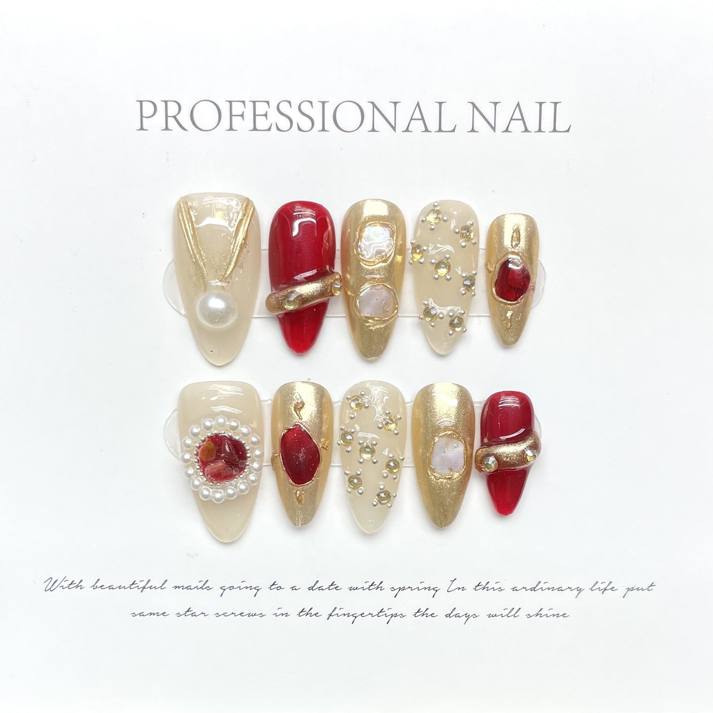 Handmade Nails Press On Nail Almond Nature Handmade Nails, Long Lasting Reusable Fake Nail Tips Charm 3D