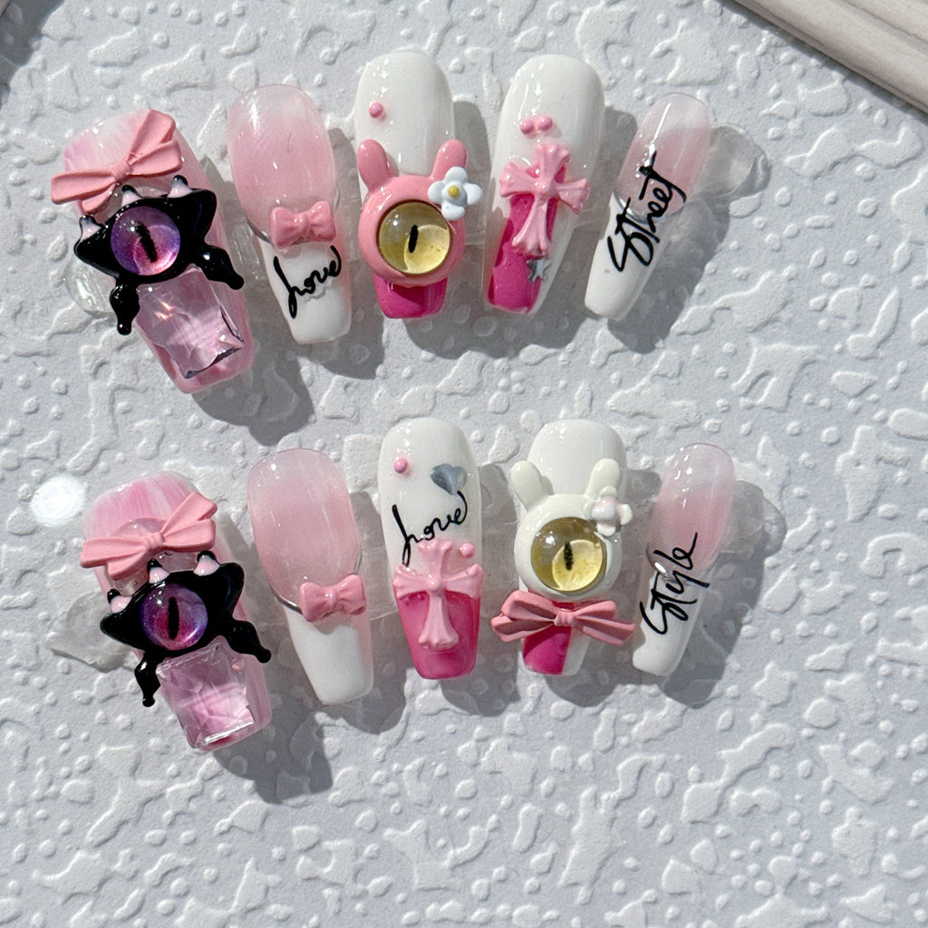 100% Handmade Wearable Nail Powder Tender Little Monster Kroos Heart Cross Detachable Fake Nail Nail Art Patch