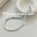 Handmade Minimalist Silver Jewelry S925 Pure Silver Aquamarine Treasure Pearl Splicing Necklace