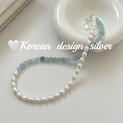 Handmade Minimalist Silver Jewelry S925 Pure Silver Aquamarine Treasure Pearl Splicing Necklace
