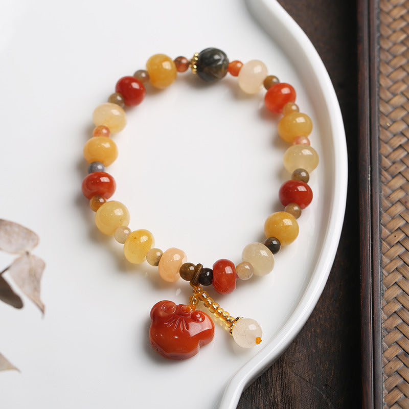 Natural Xinjiang Golden Silk Jade Bracelet Couple Style Ethnic Style Pumpkin Beads Bamboo Knot Hanging Gourd Yellow Jade Bracelet