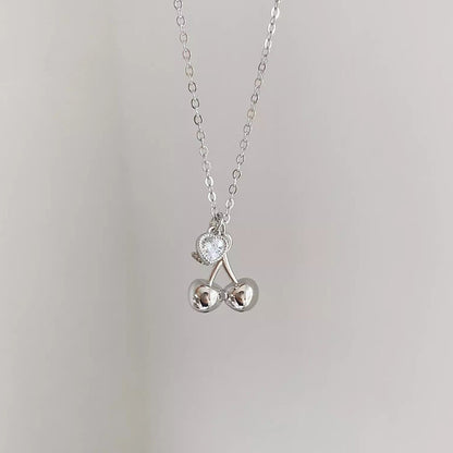 S925 Pure Silver Cherry Heart Necklace with Heart-shaped Sparkling Diamond Collarbone Chain