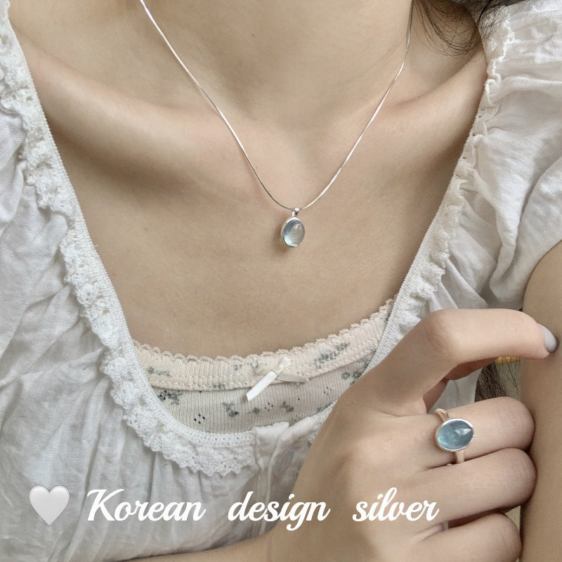 S925 Pure Silver AquamarineTreasure Necklace Pendant Snake Bone Chain Jewelry for Women