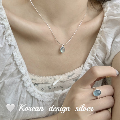 S925 Pure Silver AquamarineTreasure Necklace Pendant Snake Bone Chain Jewelry for Women
