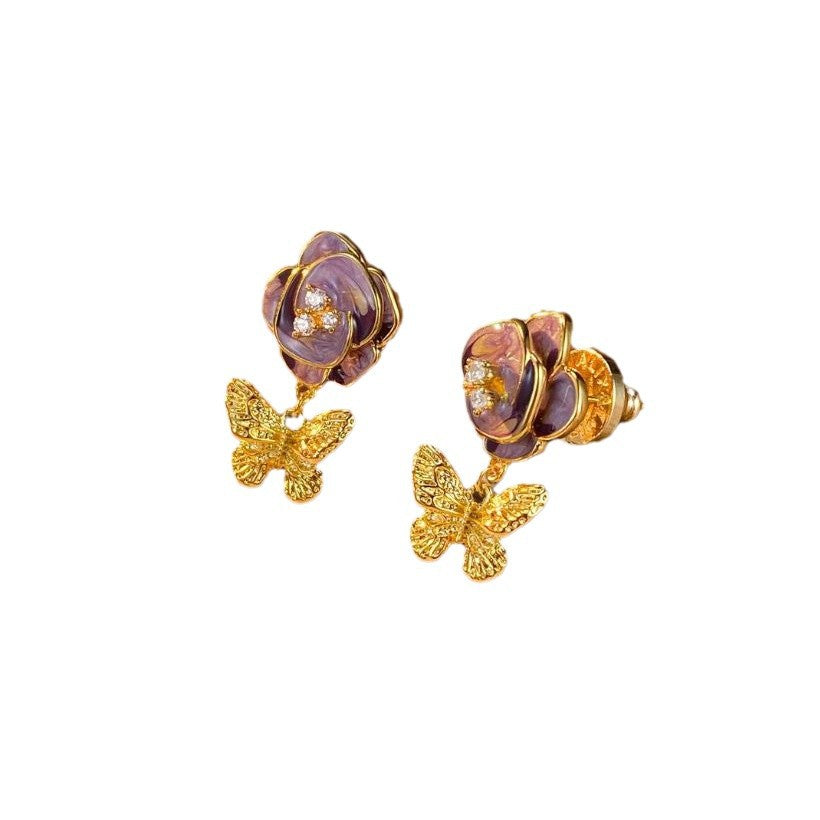 S925 Silver Needle Retro Drop Glazed Camellia Butterfly Earrings Copper Plated 18K Gold Fashionable Earrings