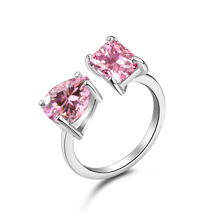 S925 Pure Silver Ring, Women's Water Droplet Fashion Diamond Arrangement, Peach Heart Square Diamond Pink High Carbon Diamond Ring