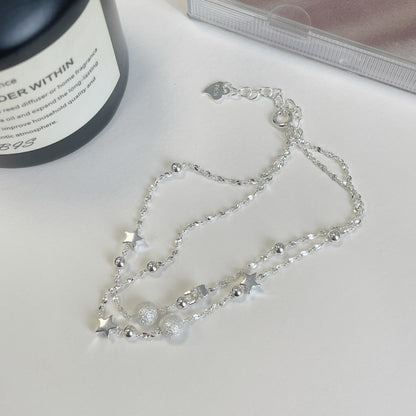 S925 Sterling Silver Double-layer Star Bracelet with Frosted Round Beads