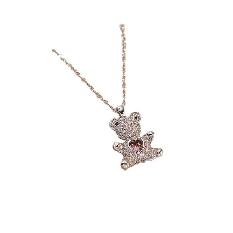 Cute Little Bear Necklace, Heart-shaped Hug, Bear Pink, Micro Inlaid Zircon, Simple and Adjustable Collarbone Chain