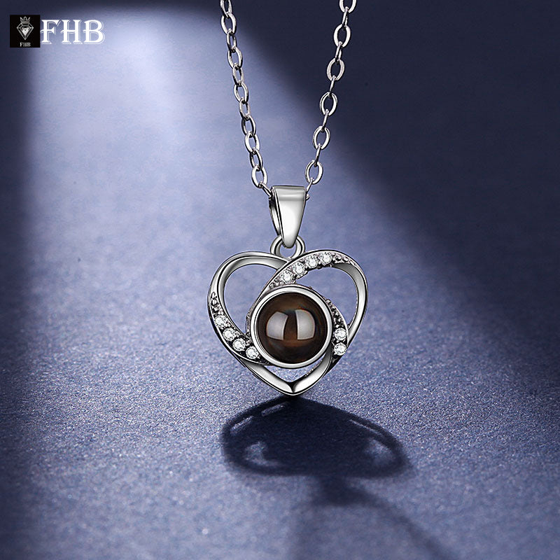 925 Silver Heart-shaped Projection Necklace, Female Heart Shape, 100 Languages. I Love You, Collarbone Chain