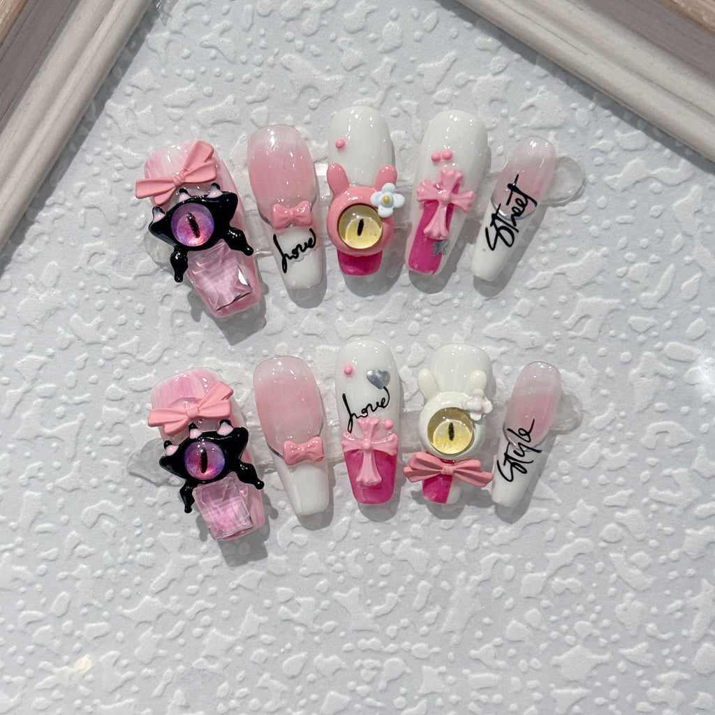 100% Handmade Wearable Nail Powder Tender Little Monster Kroos Heart Cross Detachable Fake Nail Nail Art Patch