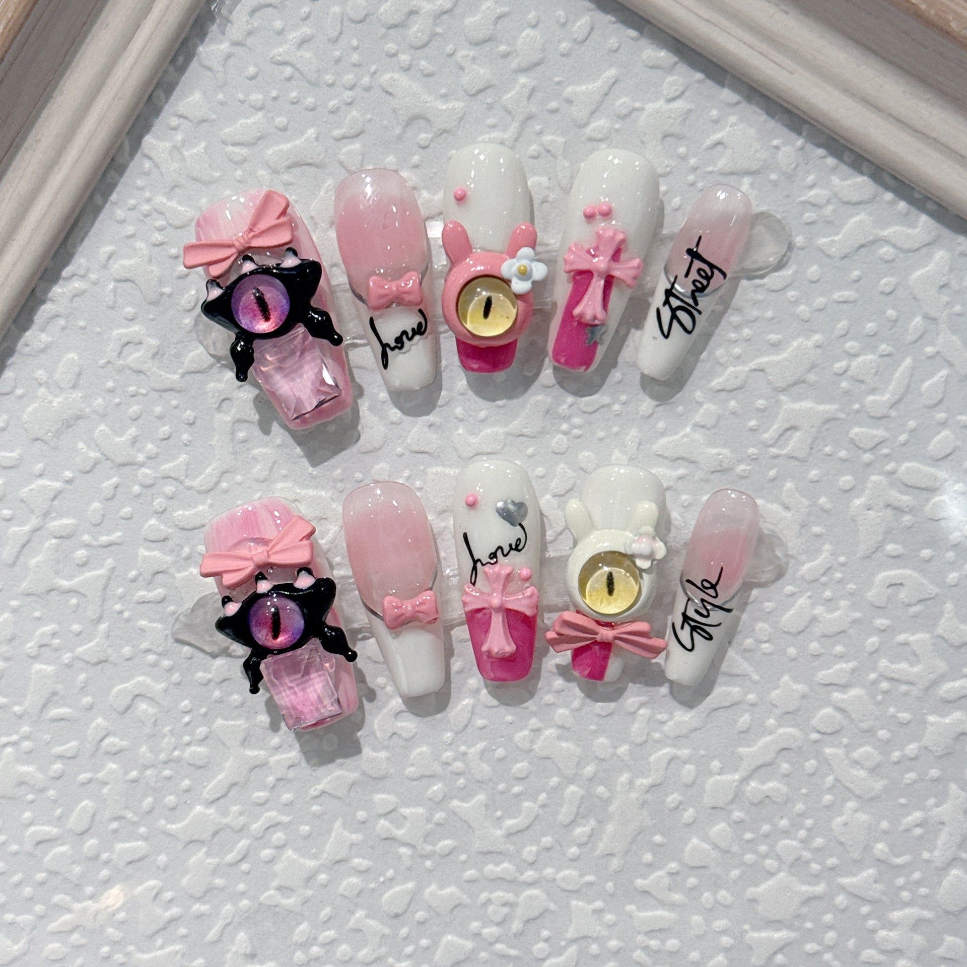 100% Handmade Wearable Nail Powder Tender Little Monster Kroos Heart Cross Detachable Fake Nail Nail Art Patch