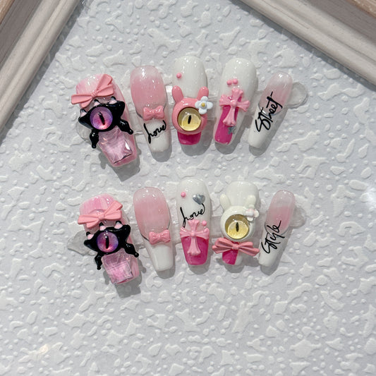 100% Handmade Wearable Nail Powder Tender Little Monster Kroos Heart Cross Detachable Fake Nail Nail Art Patch