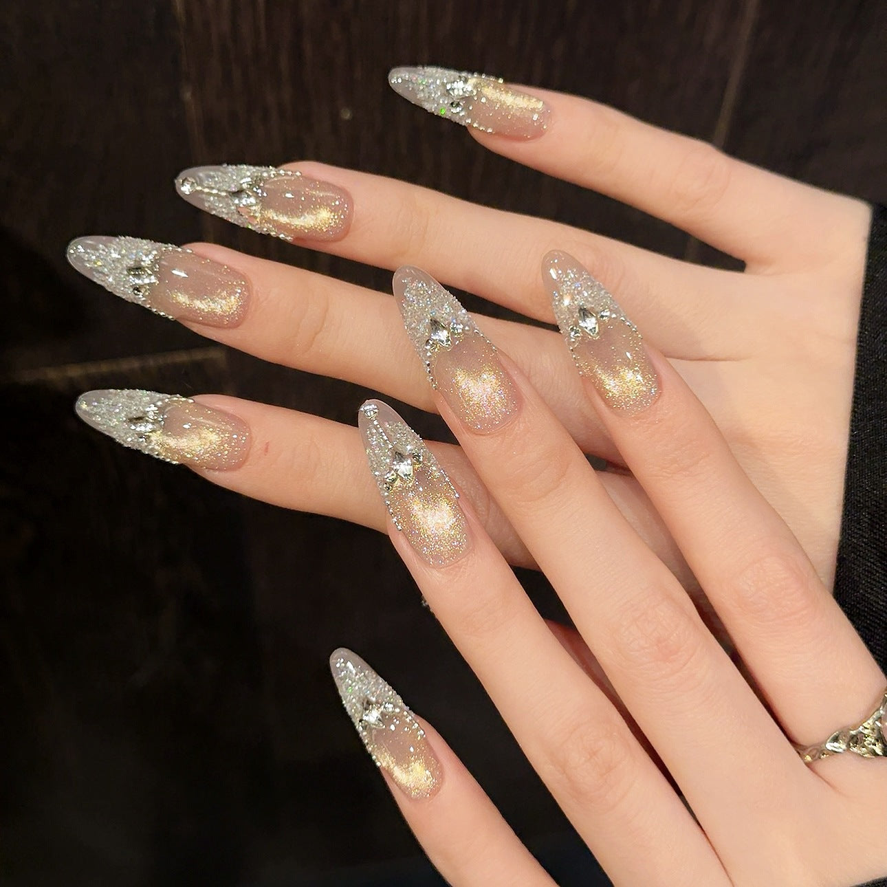 Sparkling 100% Handemade Press On Nails Pink Cat Eye Tassel Pendant French Nail Art
