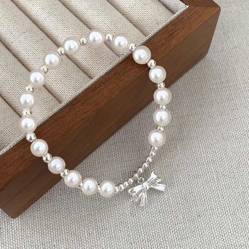 S925 Sterling Silver Bow Premium Imitation Pearl Bracelet, Sweet and Girly Heart for Women