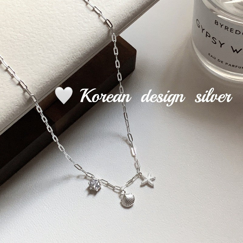 S925 Pure Silver Starfish Shell Inlaid Diamond Necklace for Women, Layered Collarbone Chain