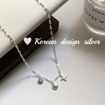 S925 Pure Silver Starfish Shell Inlaid Diamond Necklace for Women, Layered Collarbone Chain