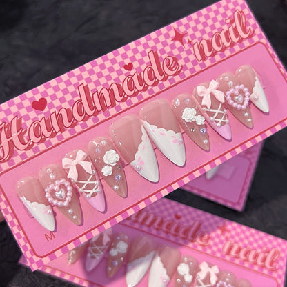 Dot Diamond Pearl Camellia Nail Art Fake Nail French White Sweet Bow Pearl Love Wearing Nail Flakes