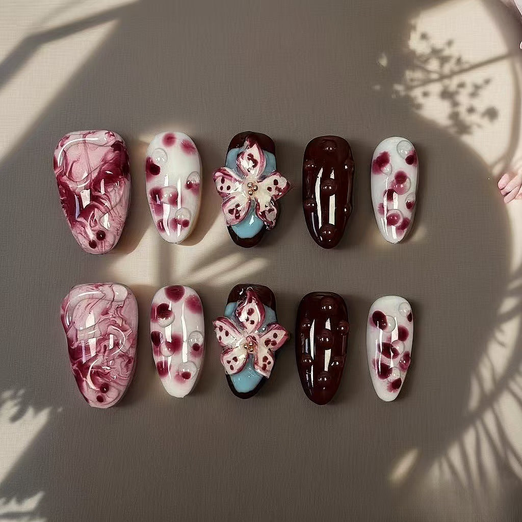 Handmade Wearing, Blending, Hand Drawn, Three-dimensional Carved, High-end Medium To Long Almond Shaped Nail Art Pieces