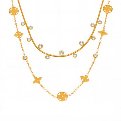 5A Round Bead Zircon Hollowed-out Lucky Four-leaf Flower Layered Necklace with 18K Gold Plated Accessories and Neck Chain