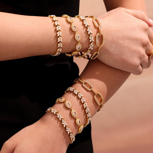Stainless Steel 5A Zircon Four Leaf Flower Full Diamond Bracelet, New Chinese Style Bracelet Combination