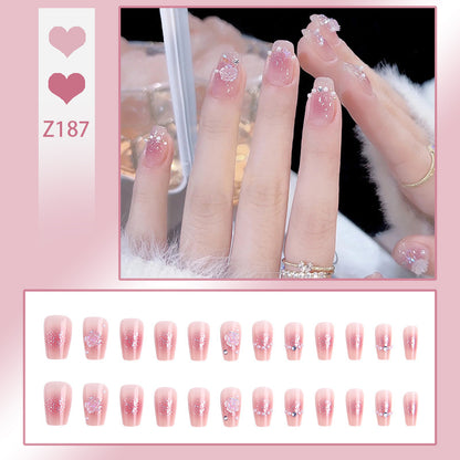 Press On nails Gentle Camellia Manicure Patch powder blusher pearl romantic rose false nail