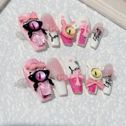 100% Handmade Wearable Nail Powder Tender Little Monster Kroos Heart Cross Detachable Fake Nail Nail Art Patch